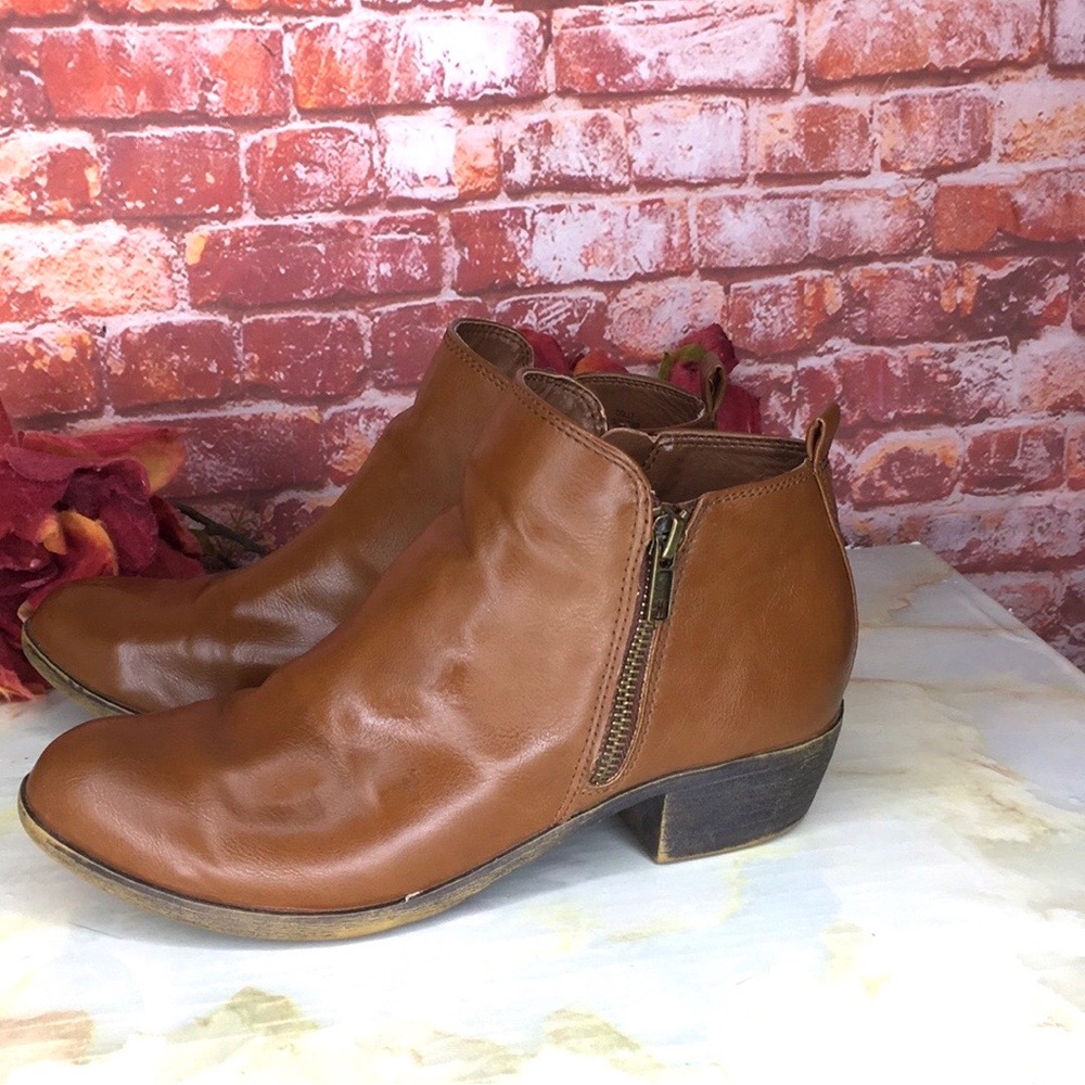 Dunes Cognac Brown Faux Leather Double Zipper Dolly Ankle Boots